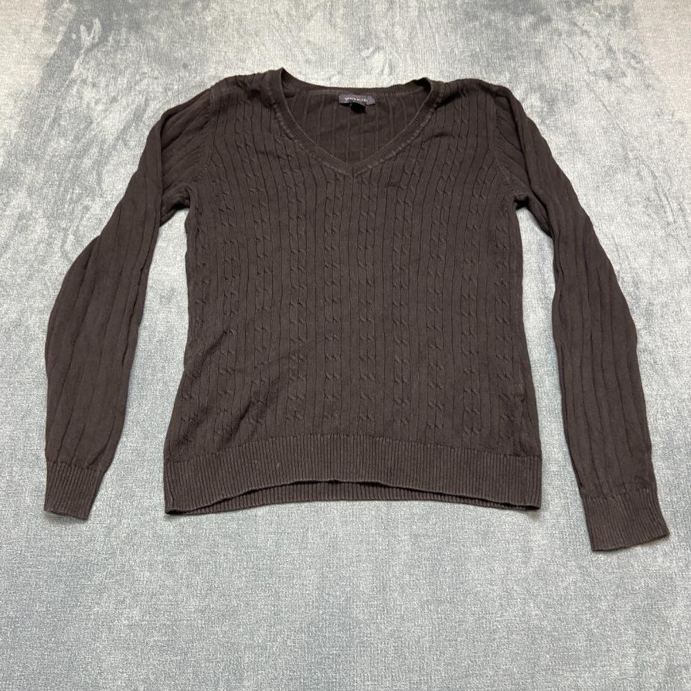 Tommy Hilfiger Sweater Womens Medium Black Cotton V NEck Ribbed Trim Cable Knit